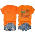 Dual view of orange cotton t-shirt with colorful vintage speech therapy typography - Orange