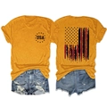 Gedetailleerd voor- en achteraanzicht van mosterdgeel USA-vlag T-shirt met vintage print - S / Mosterdgeel