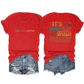 Front and back view of red t-shirt with retro typography and distressed denim shorts - Red