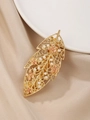Detail view of golden leaf hair clip with pink enamel flowers and white faux pearls - Pink Enamel Leaf Style