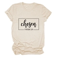 Detail of the chosen 1 Peter 2:9 script print on a cream cotton crew neck t-shirt - S / Sand (Black Font)