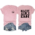 Pink t-shirt detail showing the skeletal hand graphic and Milfin' Ain't Easy back print - Pink (Black Print)