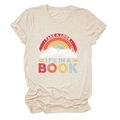 Detailed close-up of retro rainbow and book print on oatmeal casual t-shirt fabric - S / Tops / Sand