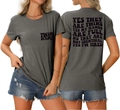 Detail of grey Twin Mama t-shirt showing slogans on front and back with denim shorts - S / Dark Grey (Black Font)