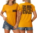 Detailed front and back view of an orange Twin Mama slogan t-shirt with heart graphics - S / Mustard Yellow (Black Font)