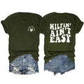 Front and back view of army green T-shirt with MILFIN' AIN'T EASY skull print - Army Green