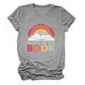 Detail view of the vintage rainbow and book graphic on this grey cotton blend t-shirt - S / Tops / Dark Gray