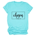 Detail of light blue crew neck T-shirt with chosen 1 Peter 2:9 print and rolled cuffs - S / Deep Water Blue (Black Font)