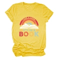 Macro detail of retro 'Take a look' rainbow print on yellow cotton blend fabric - Yellow