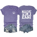 Heather purple t-shirt featuring skull hand print and Milfin' Ain't Easy slogan on back - Purple (White Print)