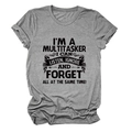 Detail of grey crewneck t-shirt featuring I'm a multitasker printed graphic text - Dark Gray (Black Print)