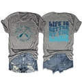 Detail view showing gray Life is Better at the Lake t-shirt and ripped denim shorts - S / Dark Gray