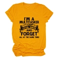 Detail of soft yellow cotton t-shirt featuring vintage multitasker slogan print - S / Mustard Yellow (Black Print)