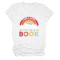 Close-up detail of Take a Look It's in a Book rainbow print on white cotton t-shirt - White
