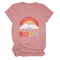 Close-up of the vintage rainbow book print on a dusty pink short sleeve cotton t-shirt - Rose Gold