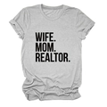 Close-up of grey Wife Mom Realtor t-shirt with rolled sleeves on white background - Light Grey (Black Font)