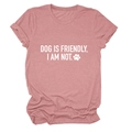 Detail of soft dusty rose t-shirt featuring Dog Is Friendly I Am Not print and dog paw icon - Rose Gold (White Font)