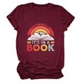 Women's burgundy T-shirt with vintage rainbow book print and hollow letter design - Burgundy