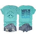 Detail view of lake blue t-shirt featuring artistic 'life is better at the lake' print - Deep Water Blue