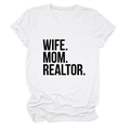 Close-up of WIFE MOM REALTOR bold black text print on white cotton crew neck t-shirt - White (Black Font)