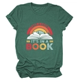 Close-up of retro book and rainbow print on dark green cotton T-shirt fabric - Vintage Green