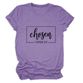 Close-up of purple t-shirt featuring black chosen and 1 peter print with rolled sleeve cuff - S / Purple (Black Font)