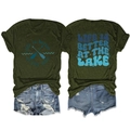 Front and back view of olive green lake life t-shirt with graphic paddles and text - Army Green