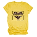 Close-up of the heart leopard print and slogans on this mustard yellow cotton T-shirt - Yellow (Black Text)