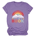 Close-up of retro rainbow and forest print on purple cotton t-shirt fabric detail - Purple