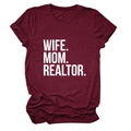 Close-up of WIFE MOM REALTOR bold white print on wine red cotton casual t-shirt - Wine Red (White Font)