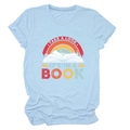 Detail of light blue women's T-shirt with Take a look it's in a book graphic print - Light Blue