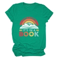 Close-up of the retro reading illustration and white text print on a green cotton T-shirt - Dark Green