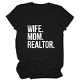 Detail view of WIFE MOM REALTOR bold white typography on a premium black cotton T-shirt - Black (White Font)