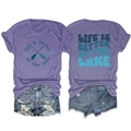 Women's violet lake print t-shirt and denim shorts set shown in front and back flat lay view - Purple