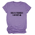 Detail of purple cotton blend T-shirt with Dog Is Friendly graphic text and paw print - Purple (Black Text)