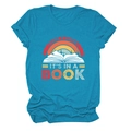 Close-up of vintage rainbow and open book print on teal cotton t-shirt fabric - Lake Blue