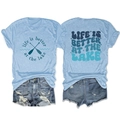 Light blue Lake life T-shirt with denim shorts shown from both front and back views - Light Blue