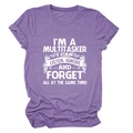 Flat lay of purple heather t-shirt featuring a white 'I'm a multitasker' slogan print - Purple (White Print)