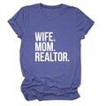 Close-up of Wife Mom Realtor lettering on soft purple casual short sleeve T-shirt - Vintage Blue (White Font)