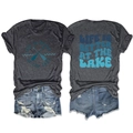 Detail of charcoal grey cotton t-shirt with Lake art print and ripped denim shorts - Black Heather Grey