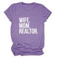 Detail of purple cotton T-shirt featuring bold white WIFE MOM REALTOR text and round neck - Purple (White Font)