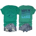 Detailed front and back view of green Life Is Better At The Lake cotton graphic tee - Dark Green