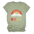 Close-up of sage green T-shirt fabric with vintage rainbow and book graphic print - Olive Green