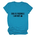 Detail of blue T-shirt collar with Dog Is Friendly I Am Not print and paw icon - Lake Blue (Black Font)