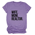 Detailed view of 'WIFE. MOM. REALTOR.' bold black lettering on a purple crew neck cotton t-shirt - Purple (Black Font)
