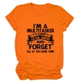 Detail of rolled cuffs and black retro text on bright orange crew neck cotton t-shirt - Orange (Black Print)