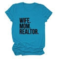 Detail of teal crew neck T-shirt with black WIFE MOM REALTOR bold lettering print - Lake Blue (Black Font)