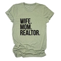 Detail of light green t-shirt featuring bold black WIFE MOM REALTOR text on cotton fabric - Olive Green (Black Font)