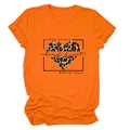 Detailed view of the leopard heart print on a bright orange short-sleeve women's T-shirt - Orange (Black Text)