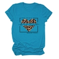 Detail of teal cotton T-shirt featuring leopard print heart and typography print - Lake Blue (Black Text)